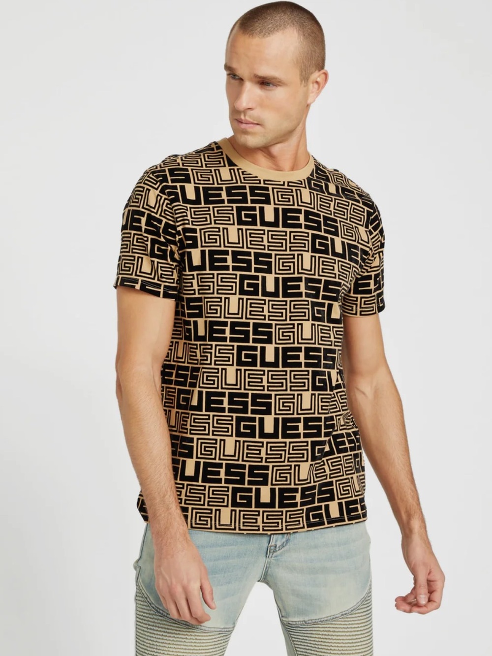 GUESS LA Labyrinth Logo Velvet Monogram Textural Print T-Shirt Black/Tan Size M